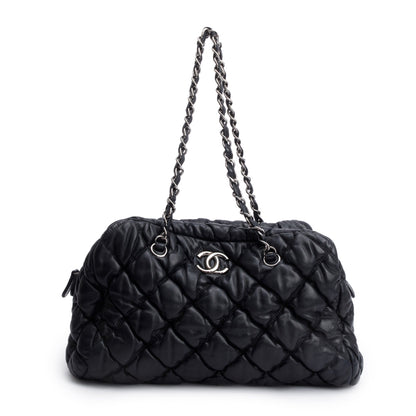 Chanel Black Bubble Quilt Lambskin Leather Medium Bowler Bag
