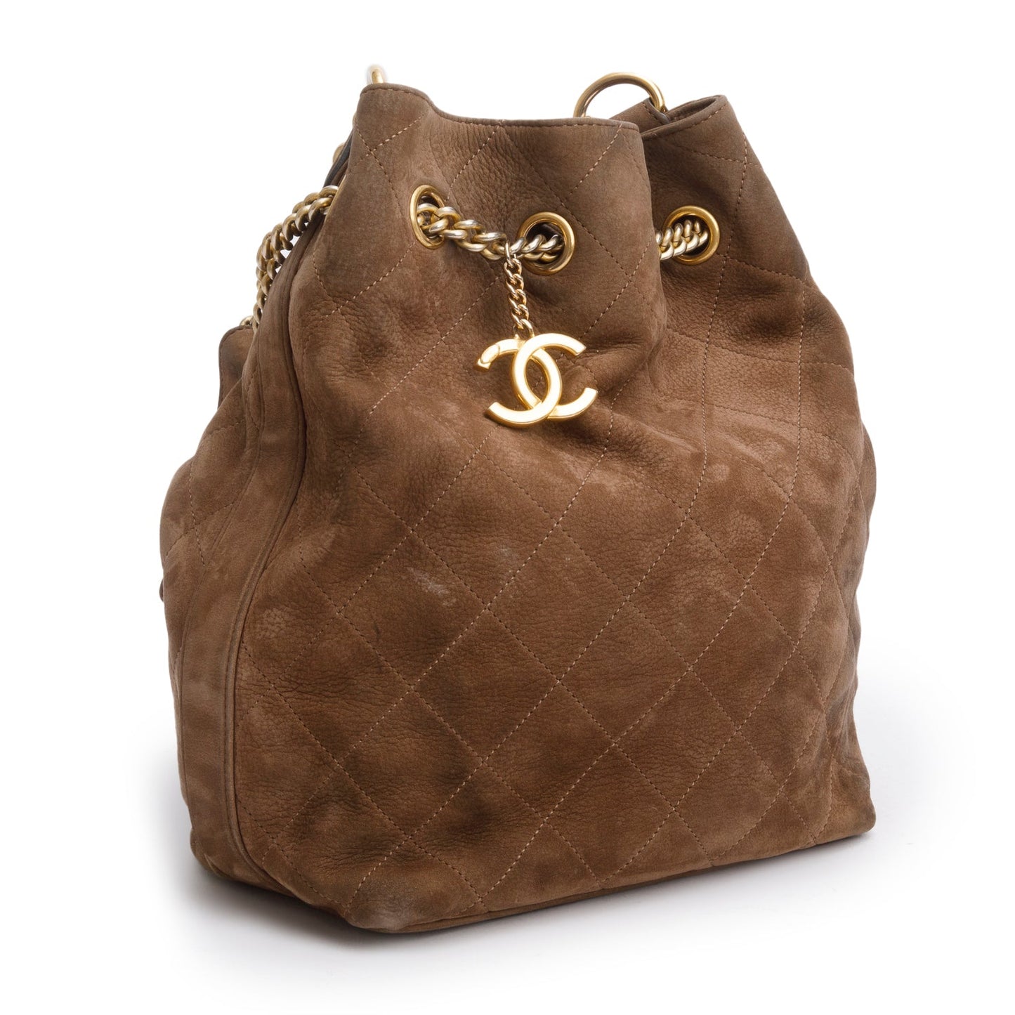 Chanel Brown Suede Quilted On My Shoulder Drawstring Bag