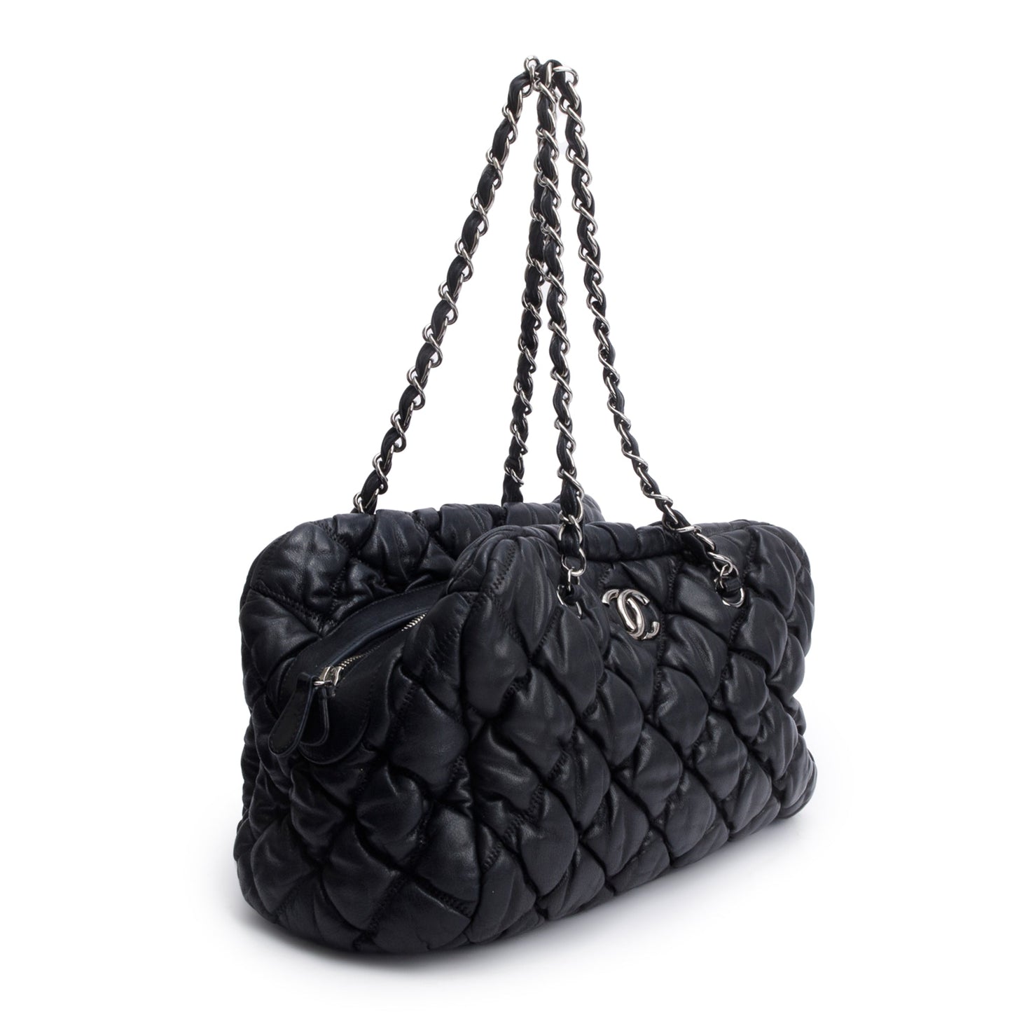 Chanel Black Bubble Quilt Lambskin Leather Medium Bowler Bag