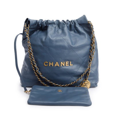 Chanel Blue Shiny Calfskin Leather Small Chanel 22 Hobo