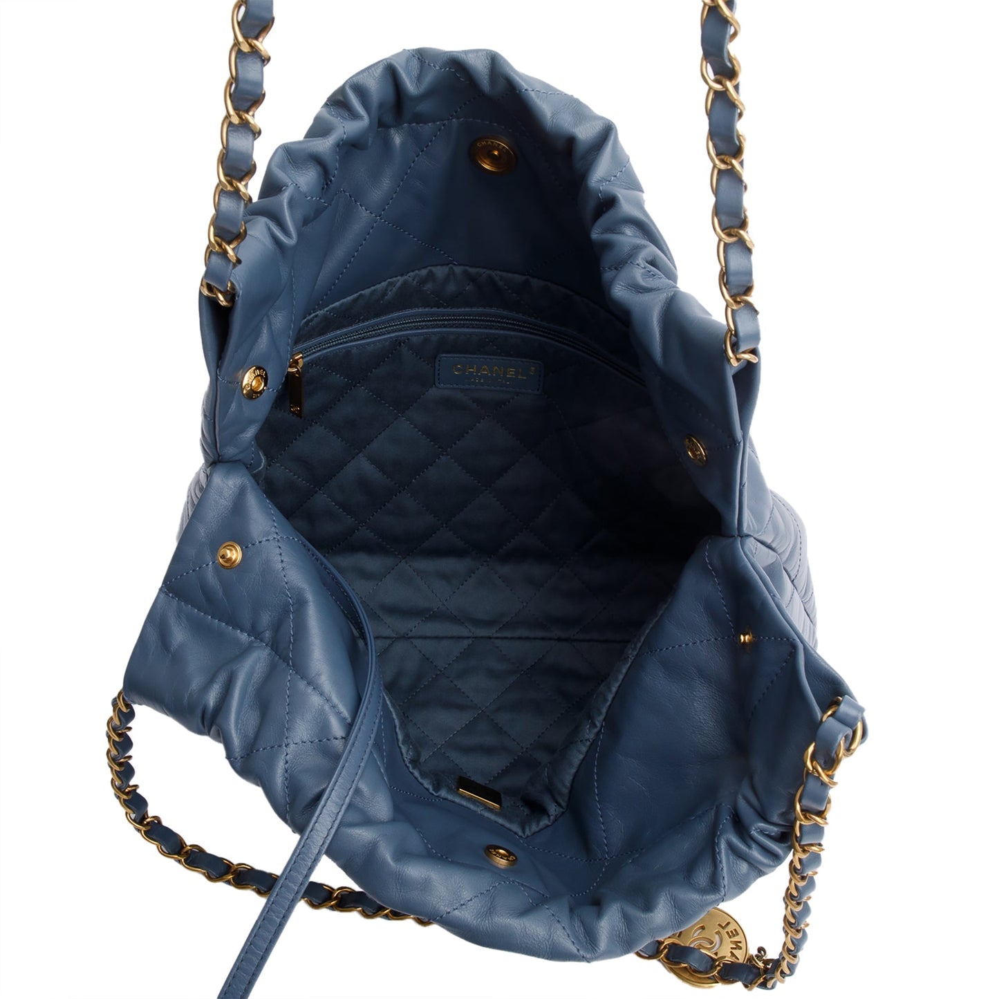 Chanel Blue Shiny Calfskin Leather Small Chanel 22 Hobo