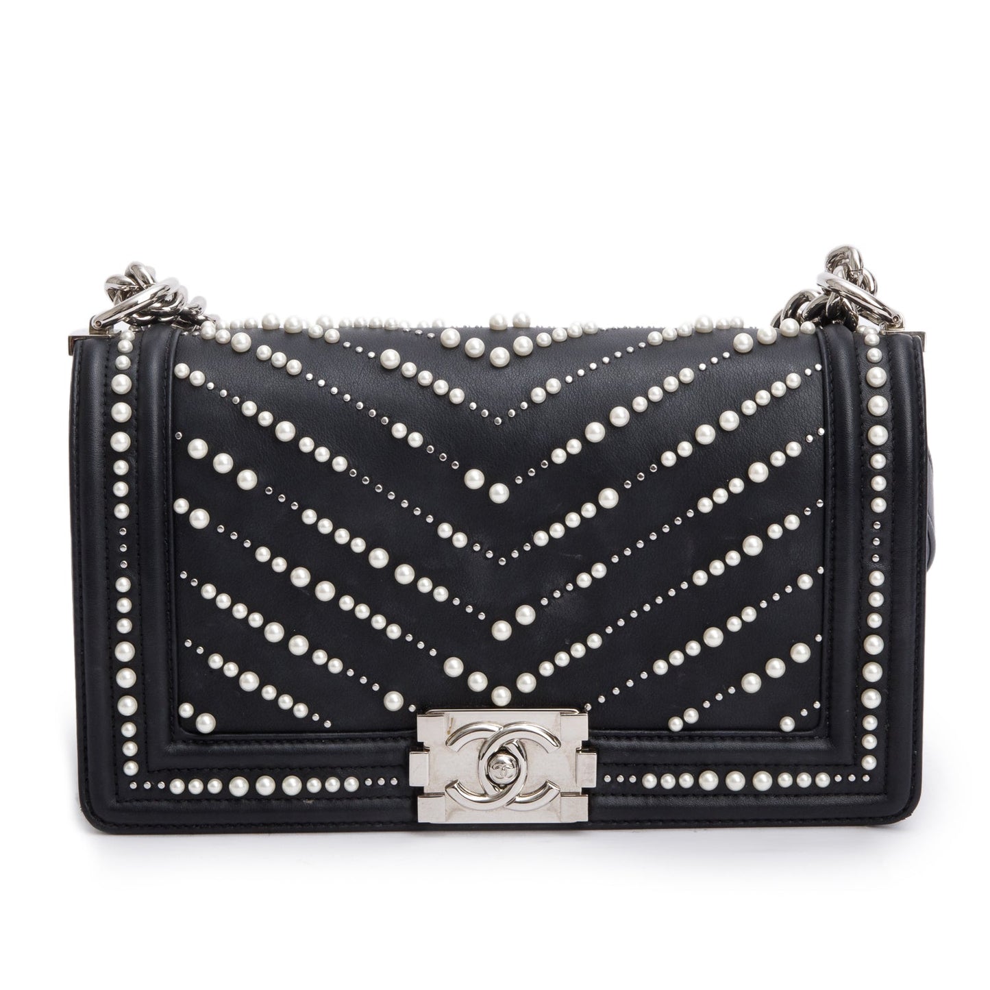 Chanel Black Calfskin Leather Medium Chevron Pearl Boy Bag