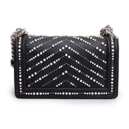 Chanel Black Calfskin Leather Medium Chevron Pearl Boy Bag