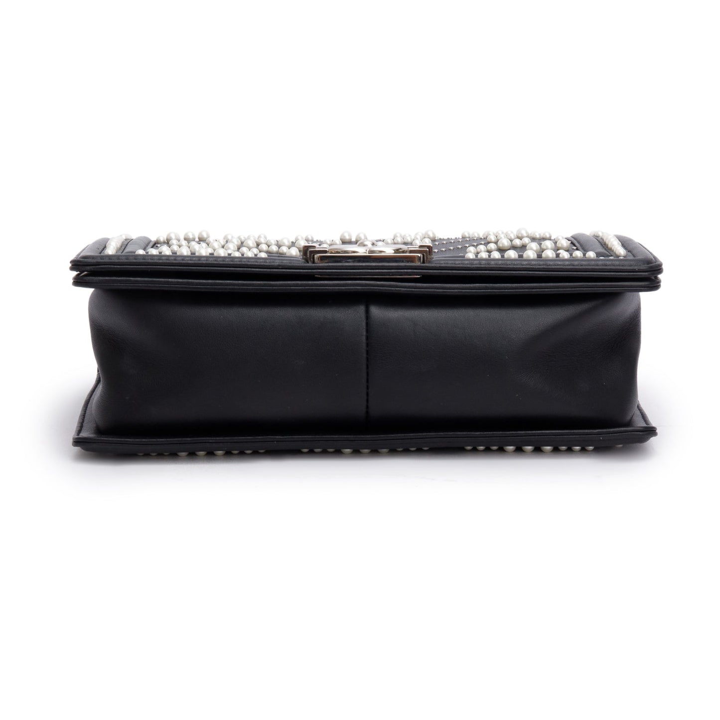 Chanel Black Calfskin Leather Medium Chevron Pearl Boy Bag