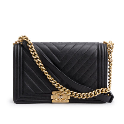 Chanel Black Chevron Quilted Caviar Large Boy Bag