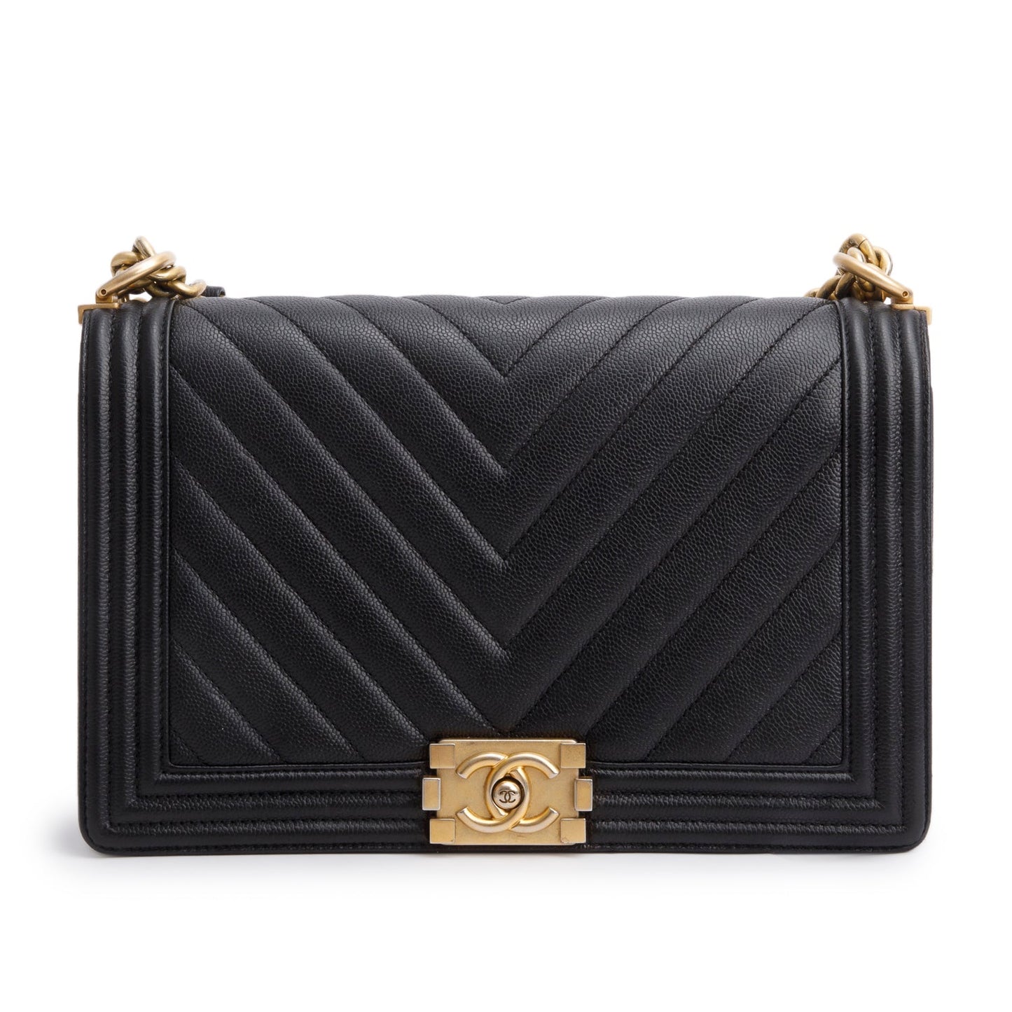 Chanel Black Chevron Quilted Caviar Large Boy Bag
