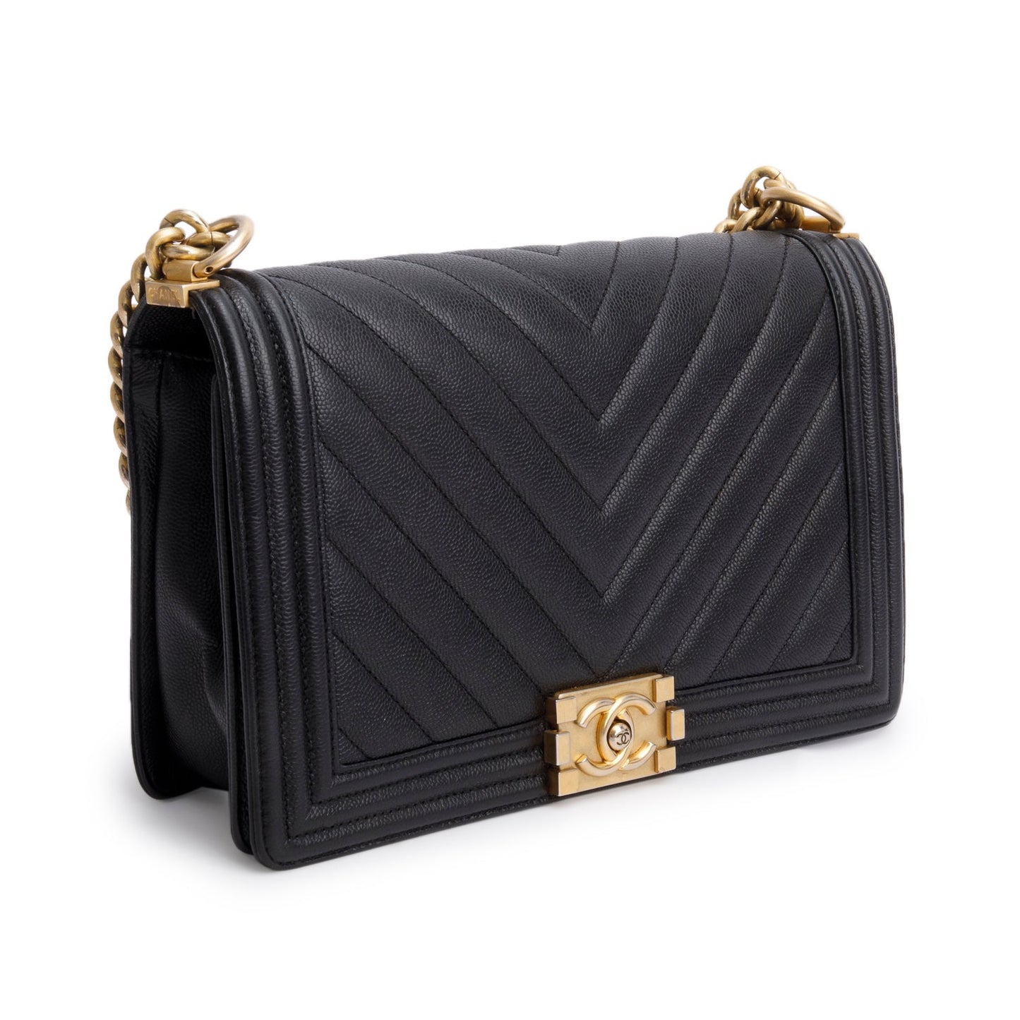 Chanel Black Chevron Quilted Caviar Large Boy Bag