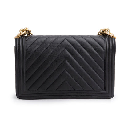 Chanel Black Chevron Quilted Caviar Large Boy Bag