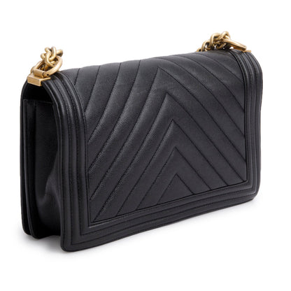 Chanel Black Chevron Quilted Caviar Large Boy Bag