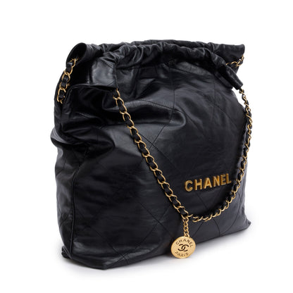 Chanel Black Shiny Calfskin Leather Chanel 22 Hobo