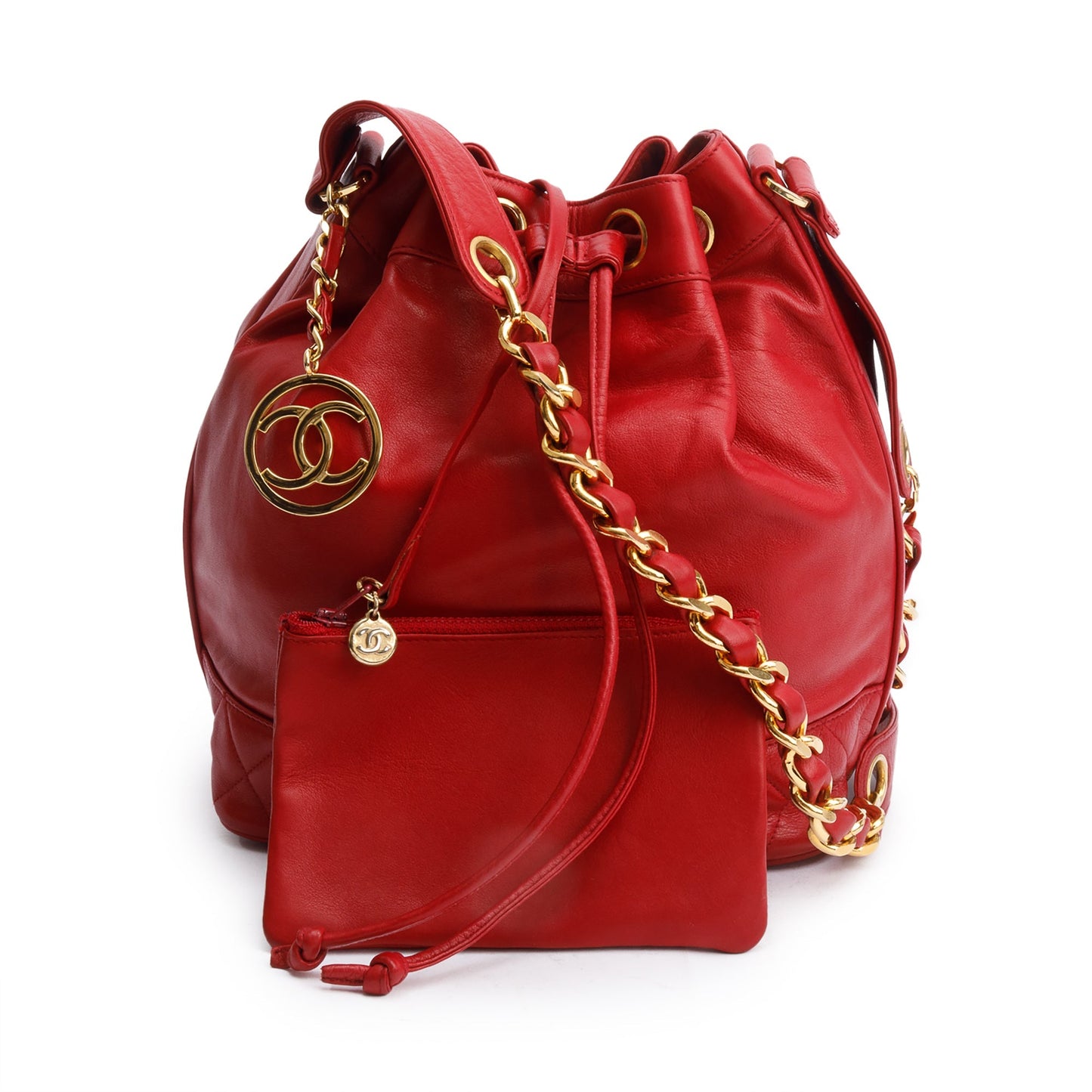 Chanel Red Lambskin Leather Quilted CC Bucket Bag