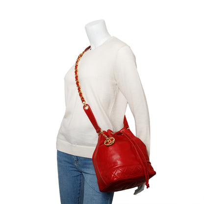 Chanel Red Lambskin Leather Quilted CC Bucket Bag