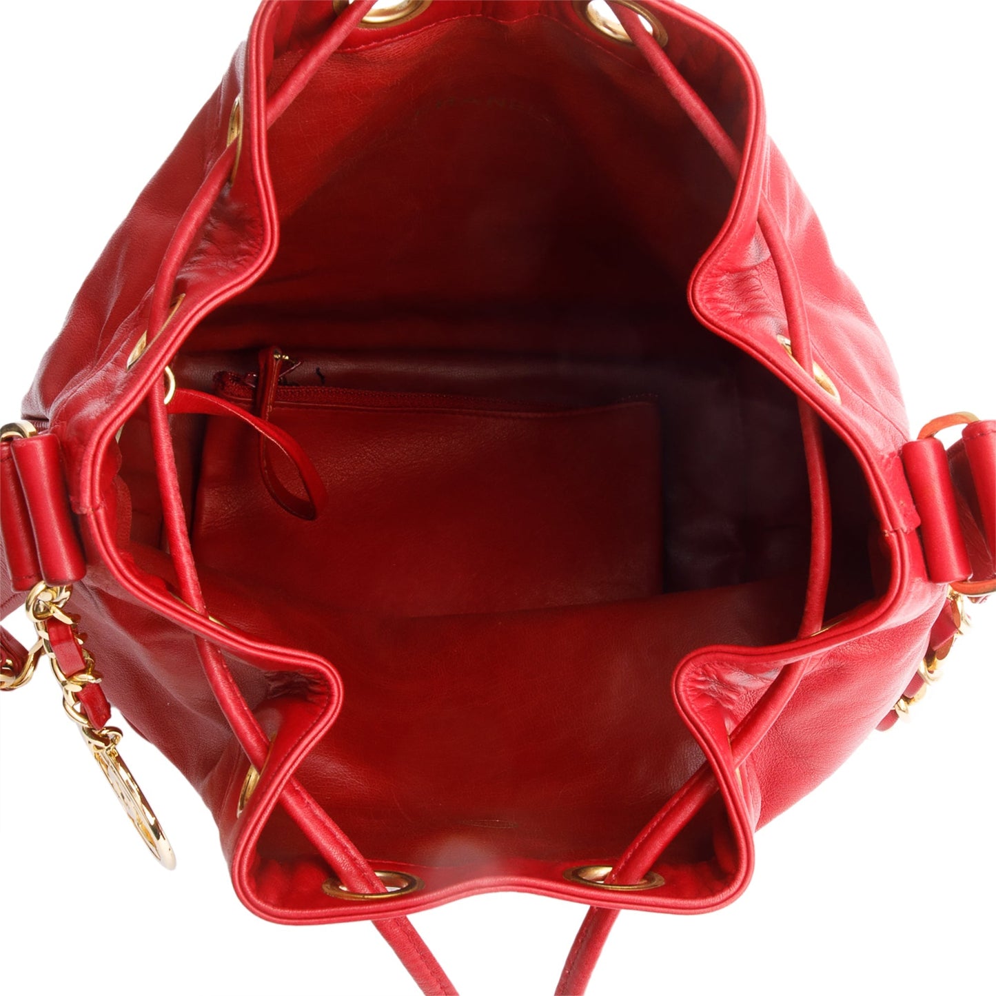 Chanel Red Lambskin Leather Quilted CC Bucket Bag