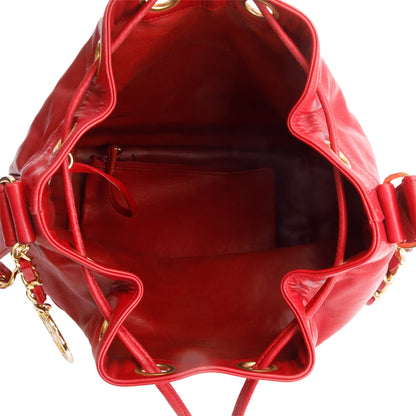 Chanel Red Lambskin Leather Quilted CC Bucket Bag