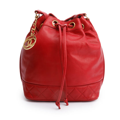 Chanel Red Lambskin Leather Quilted CC Bucket Bag