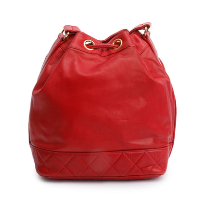 Chanel Red Lambskin Leather Quilted CC Bucket Bag