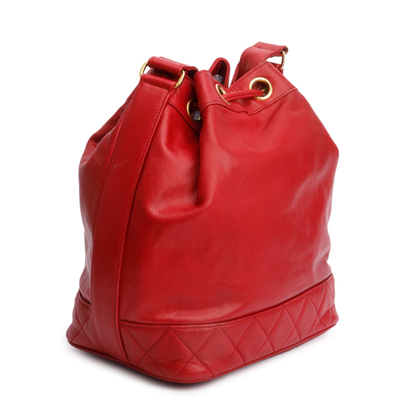 Chanel Red Lambskin Leather Quilted CC Bucket Bag