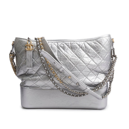 Chanel Metallic Silver Aged Calfskin Quilted Medium Gabrielle Hobo