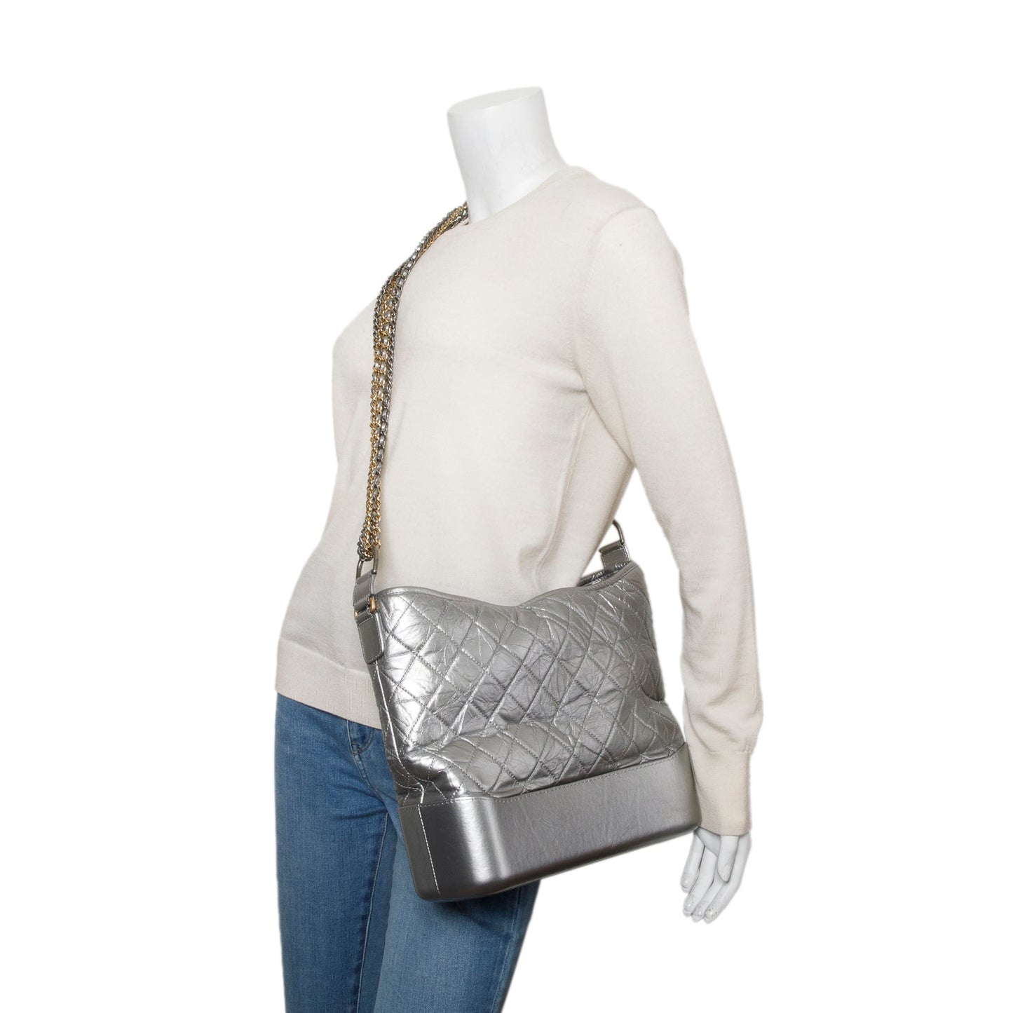 Chanel Metallic Silver Aged Calfskin Quilted Medium Gabrielle Hobo