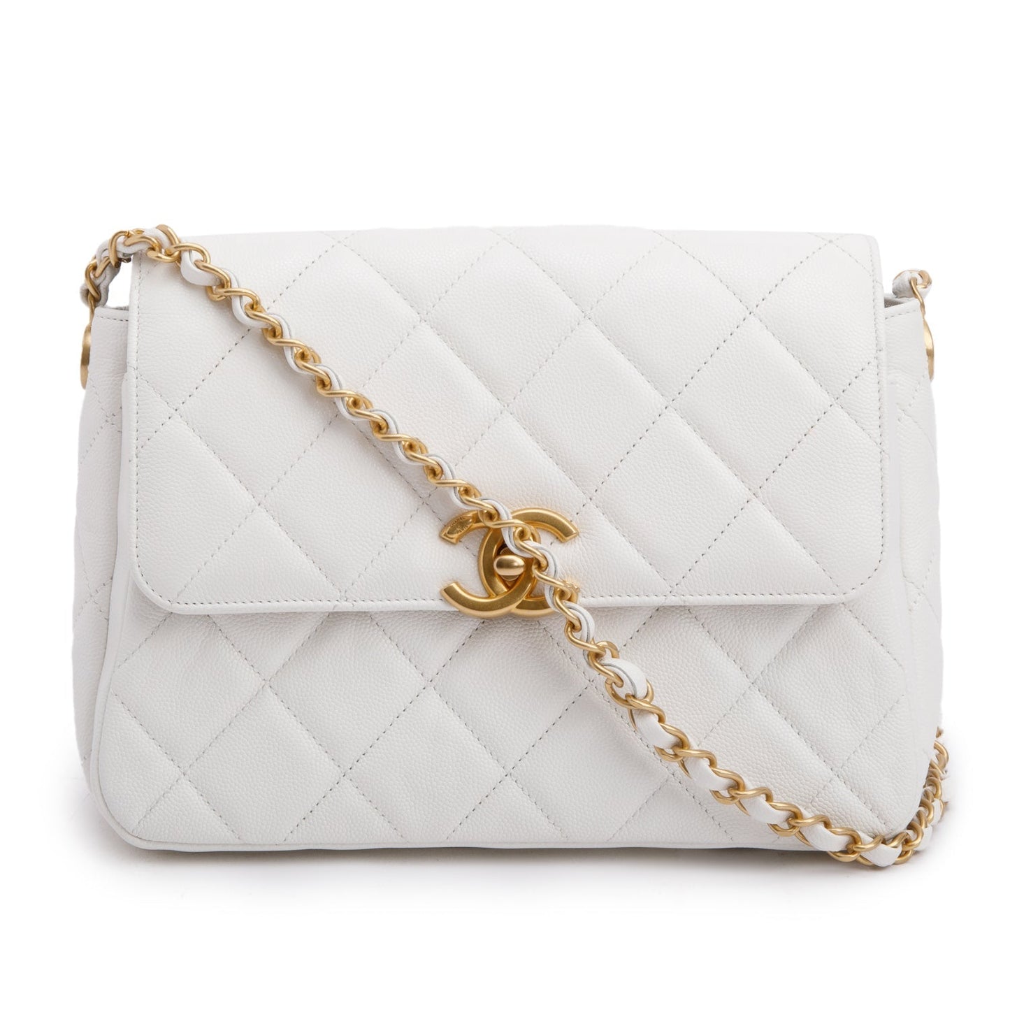 Chanel White Quilted Caviar Leather Small CC Side Note Flap Bag