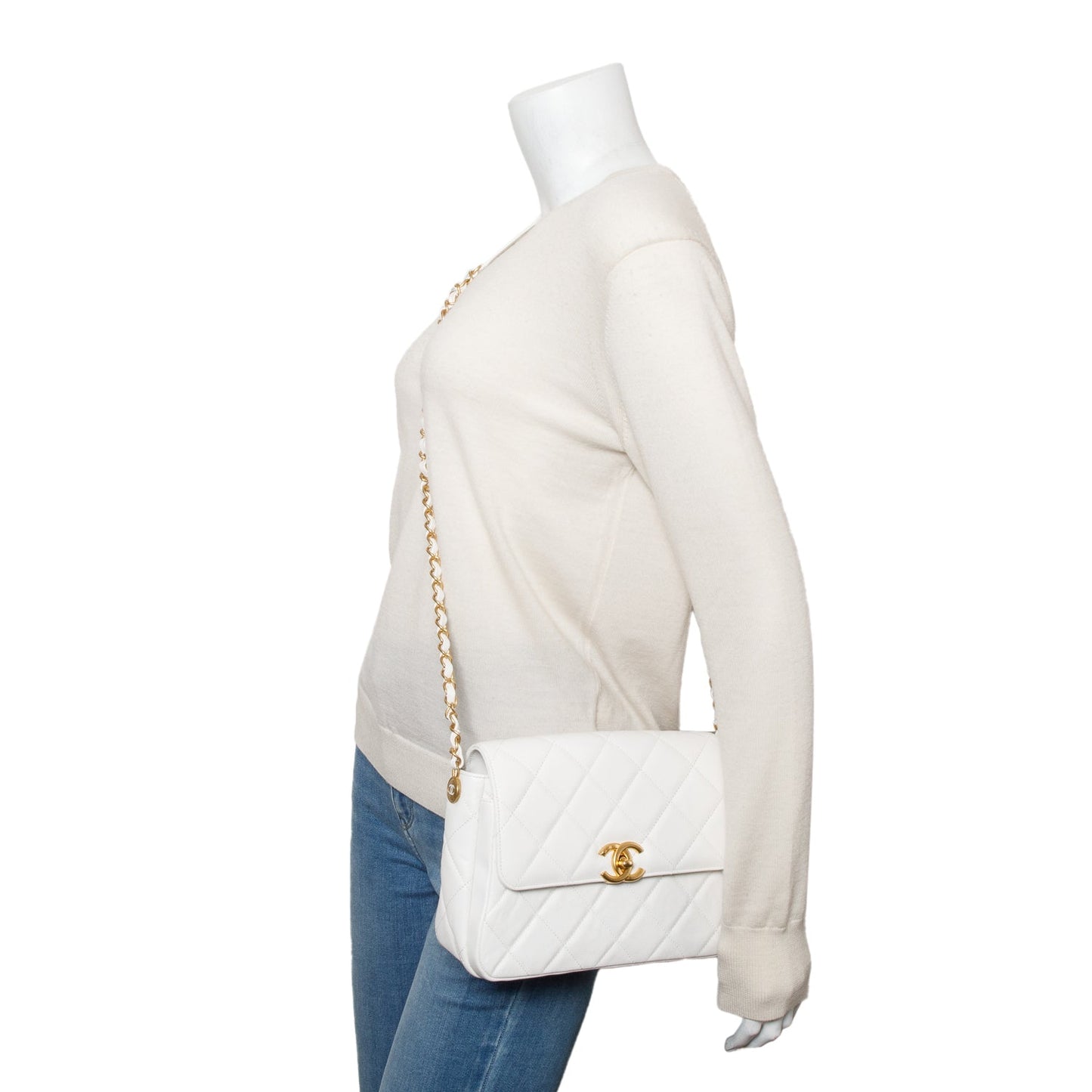 Chanel White Quilted Caviar Leather Small CC Side Note Flap Bag