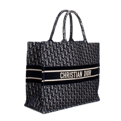 Christian Dior 2020 Ecru and Blue Dior Oblique Embroidery Large Book Tote