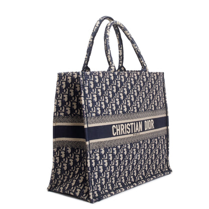 Christian Dior 2020 Ecru and Blue Dior Oblique Embroidery Large Book Tote
