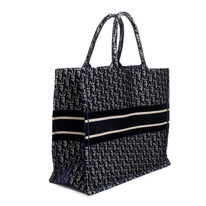 Christian Dior 2020 Ecru and Blue Dior Oblique Embroidery Large Book Tote