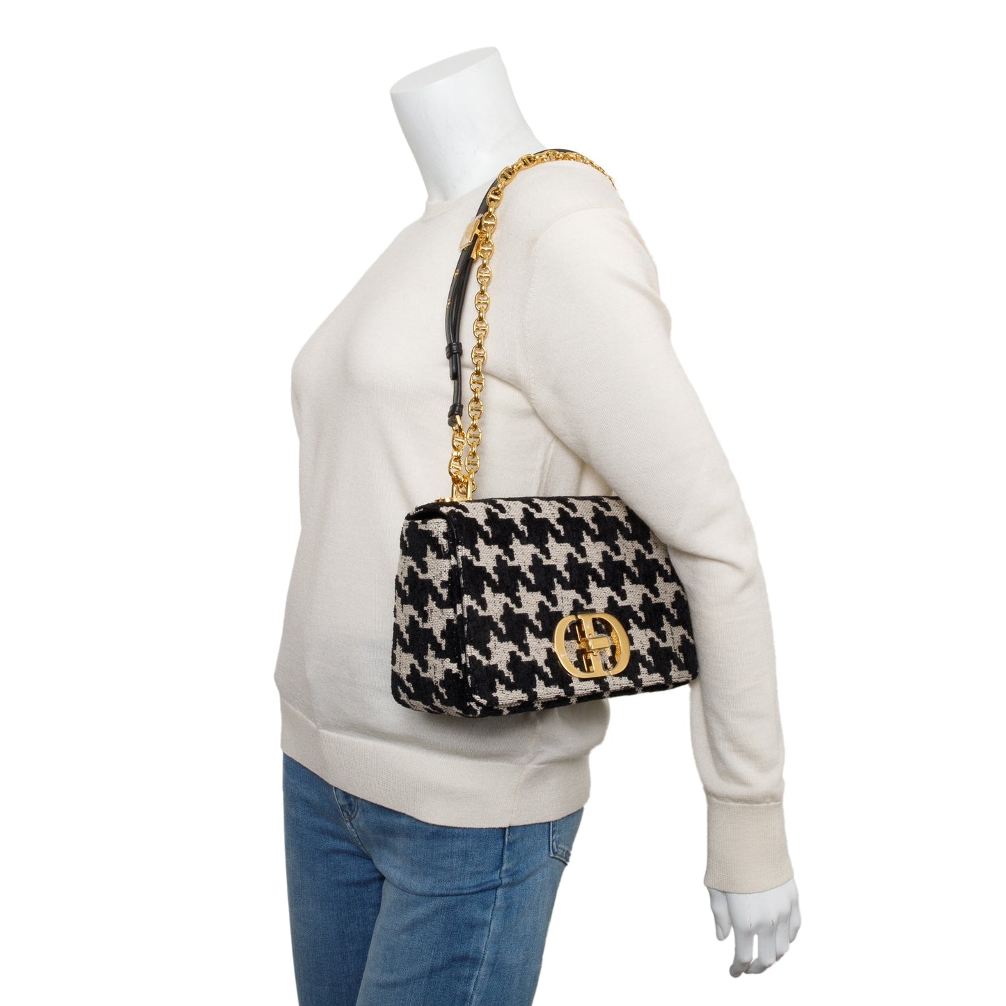 Christian Dior 2021 Black/White Technical Canvas Macro Houndstooth Medium Dior Caro Bag