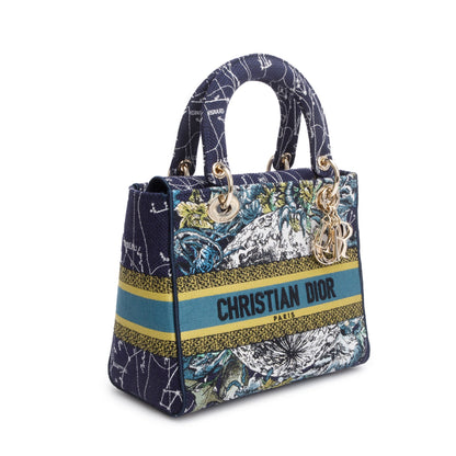 Christian Dior 2021 Blue Multicolor Zodiac Embroidery Medium Lady D-Lite Bag