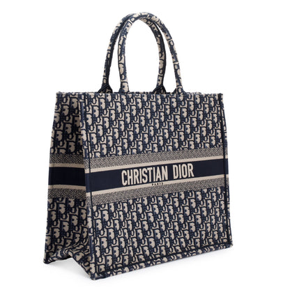 Christian Dior 2021 Ecru and Blue Dior Oblique Embroidery Large Book Tote
