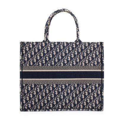 Christian Dior 2021 Ecru and Blue Dior Oblique Embroidery Large Book Tote
