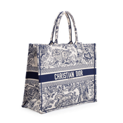 Christian Dior 2021 Large Ecru and Blue Toile de Jouy  Embroidery Canvas Book Tote