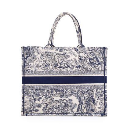 Christian Dior 2021 Large Ecru and Blue Toile de Jouy  Embroidery Canvas Book Tote