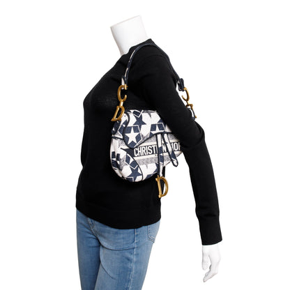 Christian Dior 2021 Navy & White Stars Embroidered Medium Saddle Bag
