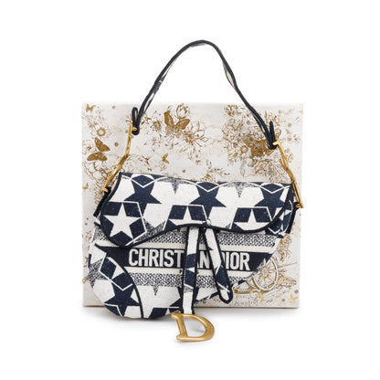 Christian Dior 2021 Navy & White Stars Embroidered Medium Saddle Bag
