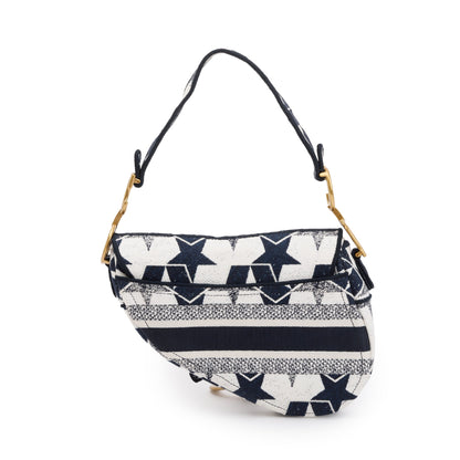 Christian Dior 2021 Navy & White Stars Embroidered Medium Saddle Bag