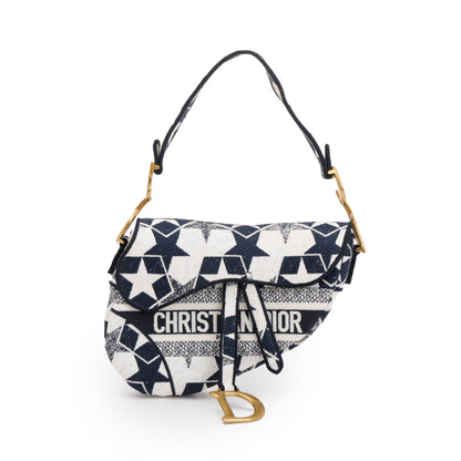 Christian Dior 2021 Navy & White Stars Embroidered Medium Saddle Bag