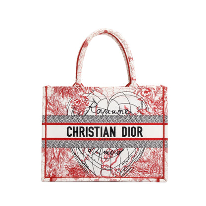 Christian Dior 2021 Red & White Royaume d'Amour Embroidery Medium Book Tote