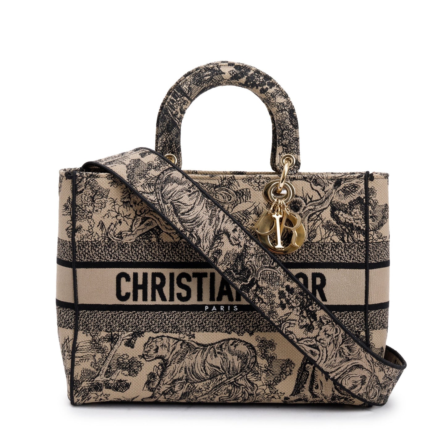 Christian Dior 2022 Beige & Black Toile De Jouy Soleil Embroidery Medium Lady D-Lite Bag