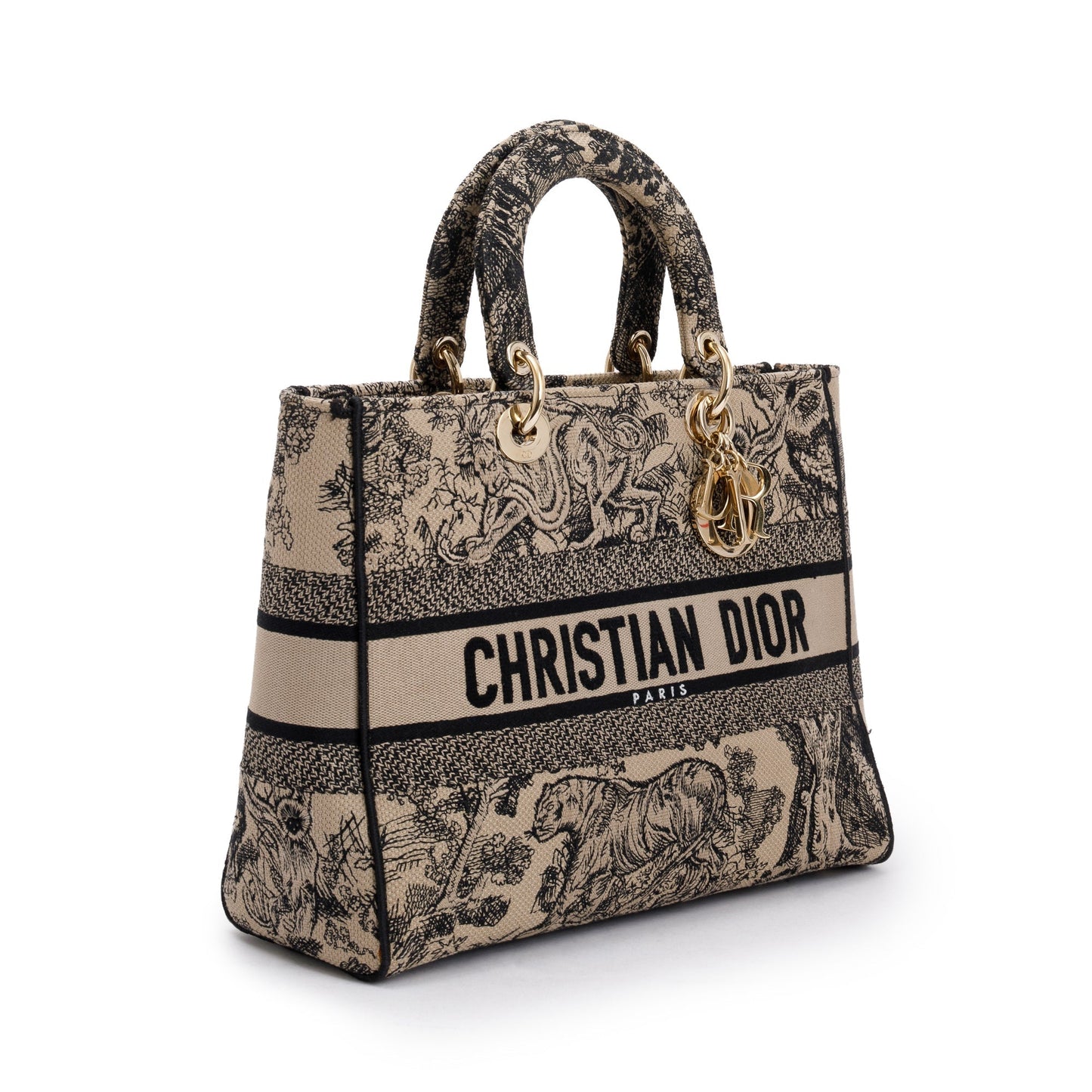 Christian Dior 2022 Beige & Black Toile De Jouy Soleil Embroidery Medium Lady D-Lite Bag