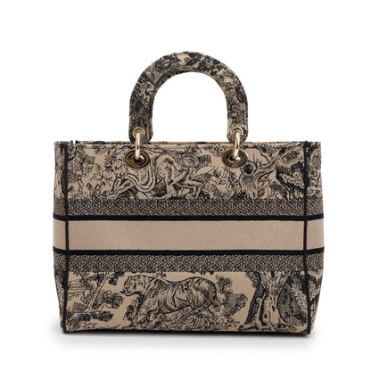 Christian Dior 2022 Beige & Black Toile De Jouy Soleil Embroidery Medium Lady D-Lite Bag