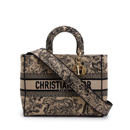 Christian Dior 2022 Beige & Black Toile De Jouy Soleil Embroidery Medium Lady D-Lite Bag