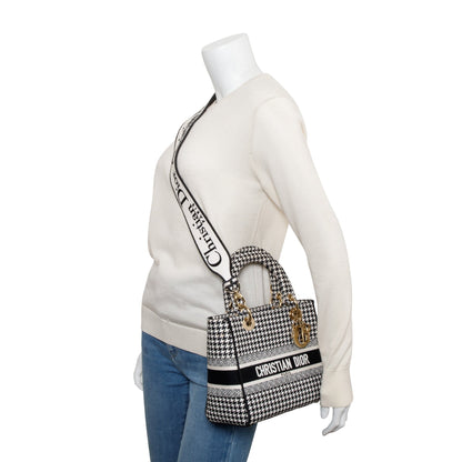 Christian Dior 2022 Black/White Houndstooth Embroidered Medium Lady D-Lite Bag