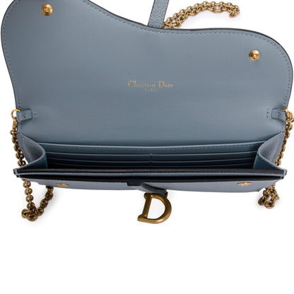 Christian Dior 2022 Blue Grained Calfskin Leather Saddle Chain Pouch