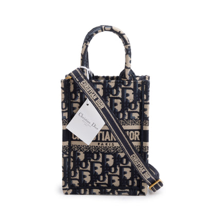 Christian Dior 2022 Blue Oblique Embroidery Mini Vertical Book Tote