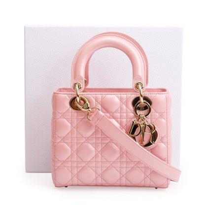 Christian Dior 2023 Pink Metallic Cannage Lambskin Leather Small Lady Dior Bag