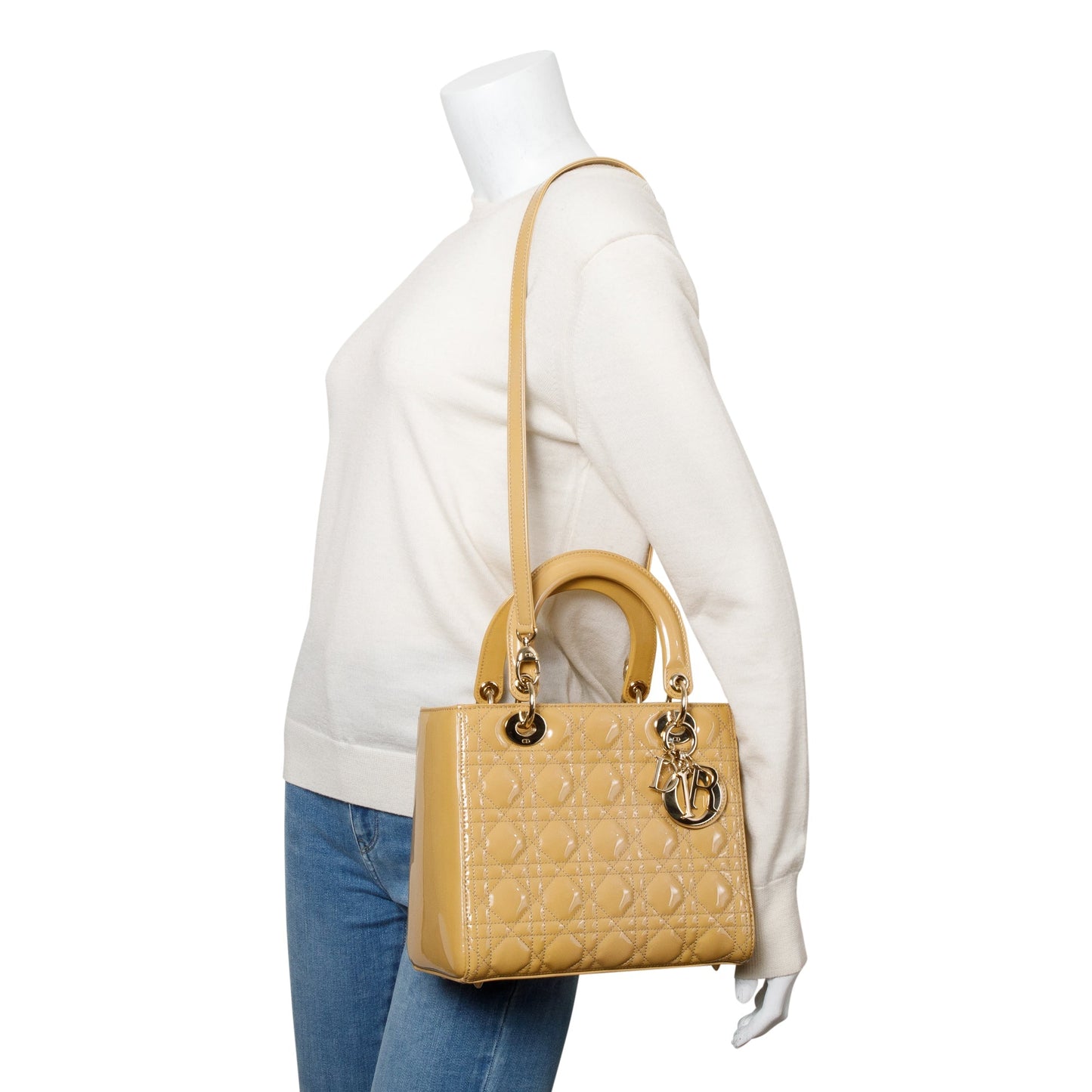 Christian Dior Beige Cannage Patent Leather Medium Lady Dior Bag