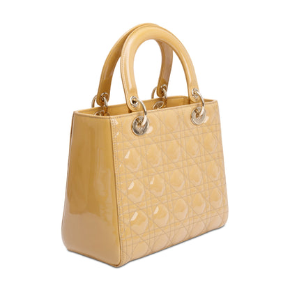 Christian Dior Beige Cannage Patent Leather Medium Lady Dior Bag