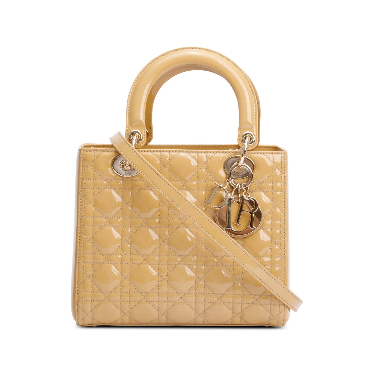 Christian Dior Beige Cannage Patent Leather Medium Lady Dior Bag